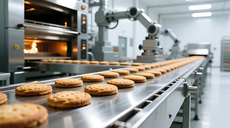 Rows of golden cookies move along a stainless steel conveyor belt towards baking ovens in a clean, automated food factoryの素材