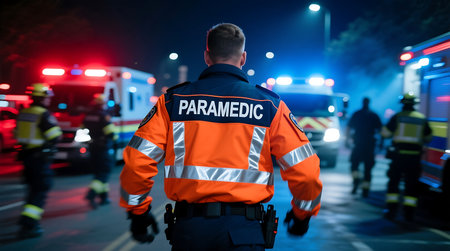 Emergency medical professional observes a chaotic night scene Flashing red and blue lights from emergency vehicles illuminate the blurred backgroundの素材