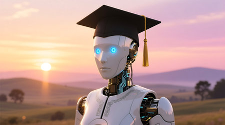 White humanoid robot wearing a graduation cap with glowing blue eyes, standing in a field at sunset, symbolizing artificial intelligence achievementの素材