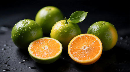 Vibrant green oranges, some whole and some halved, are covered in refreshing water droplets on a dark surface, highlighting their bright orange pulpの素材
