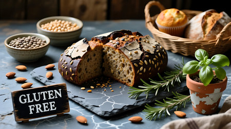 Artisanal gluten free bread, sliced, displayed with fresh herbs, nuts, and ingredients on a rustic table for healthy eatingの素材