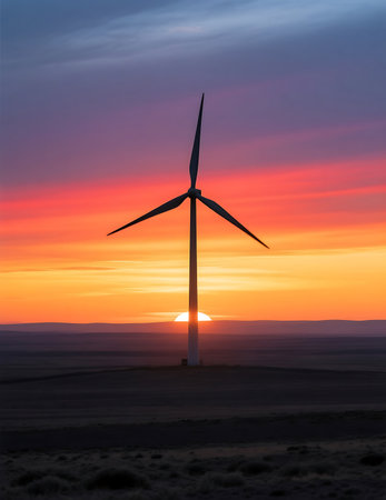 Wind turbine silhouetted against a vibrant sunset, painting the sky with dramatic red and orange hues over a dark, sprawling landscapeの素材