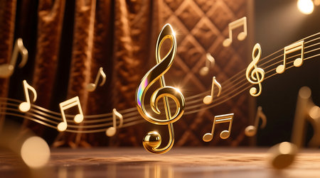 Elegant golden musical notes and a shining treble clef float on a stage, evoking the beauty of music This artistic composition captures the essence of melody and harmonyの素材
