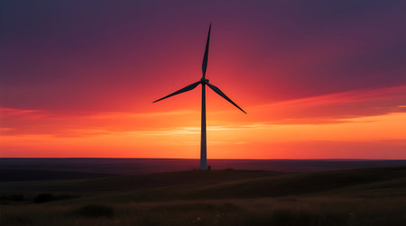Lone wind turbine stands silhouetted against a dramatic sunset, showcasing renewable energy on a vast landscapeの素材