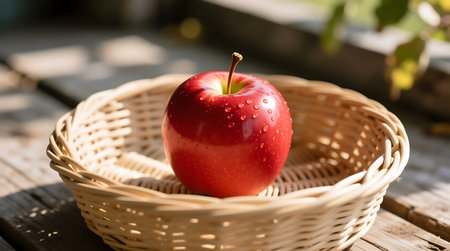 Shiny red apple, covered in glistening water droplets, rests in a rustic woven basket Sunlight highlights its freshness on a wooden surfaceの素材