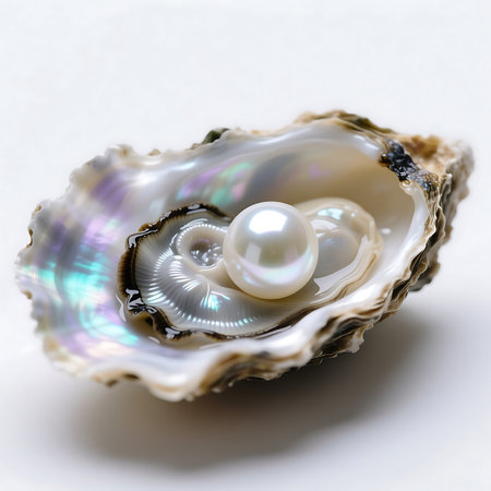 Close up of a perfectly round white pearl sitting inside an open oyster shell, showcasing its beautiful nacre and subtle reflectionsの素材