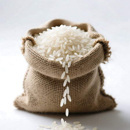 Grains of polished white rice spilling from an open jute sack onto a clean white background, highlighting fresh agricultural produceの素材