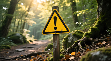 Triangular yellow warning sign with exclamation mark stands firmly on a wooden post in a sunlit, mossy forest with a blurred pathの素材
