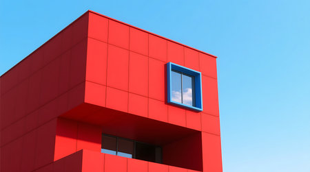 Abstract view of a contemporary red building featuring a vibrant blue window frame Clean lines and bold colors create a striking architectural design under a bright skyの素材