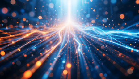 An abstract network of glowing blue and orange lines converges toward a bright, ethereal light.の素材