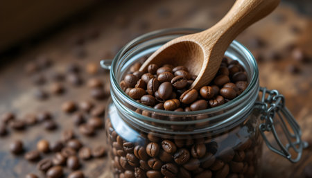 Close-up depicts aromatic coffee beans overflowing from a glass jar with wooden scoop on a tableの素材