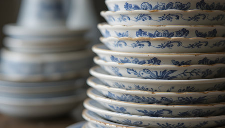 A stack of delicate, white china bowls with hand-painted floral designs showcases simple elegance.の素材