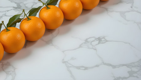 Upscaled vibrant tangerines with stems and leaves are arranged on a white marble surface.の素材