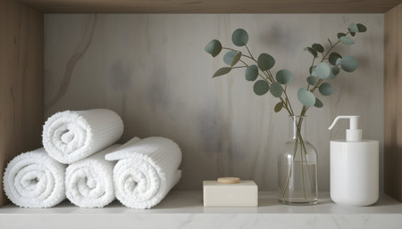 An inviting shelf features rolled towels, soap, dispenser, and eucalyptus, conveying a spa ambiance.の素材
