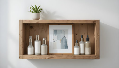 Wooden shelf displays skincare bottles, an abstract painting, and a potted plant in a cozy setting.の素材