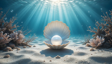 Underwater scene featuring a large pearl nestled in an open seashell on a sandy ocean floor.の素材