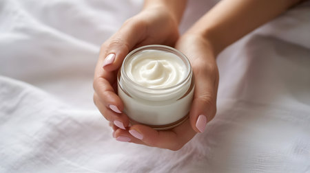 A woman holds a jar of white moisturizing cream, offering a sense of self-care and beauty ritual.の素材