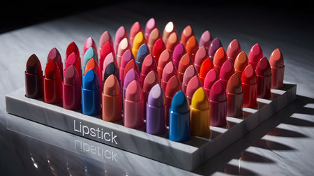 An assortment of colorful lipsticks are displayed on a marble tray reflecting light and shadow.の素材