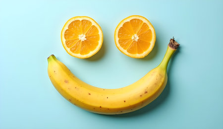A cheerful flat lay presents orange slices for eyes and banana smile, against a teal backdrop.の素材