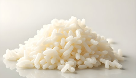 A pristine pile of pearly white rice grains glistens on a reflective surface in soft studio light.の素材