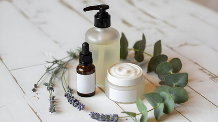 A flat lay showcases beauty products amidst lavender and eucalyptus on a white wooden surface.の素材