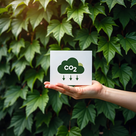 A hand holding a sign with green CO2 cloud with arrows, set against a backdrop of lush foliageの素材