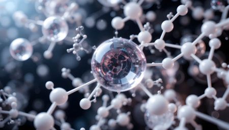 Abstract molecular structure with white spheres and interconnected links creates a network effect.の素材