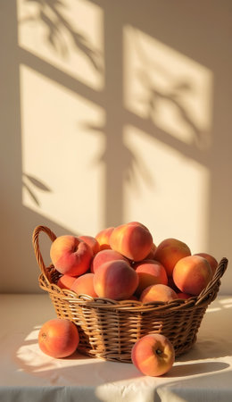Sunlit peaches overflow from a wicker basket, casting shadows against the cream wall background.の素材