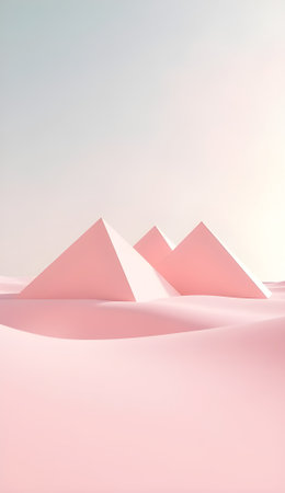 Three soft pink pyramids sit atop a soft, minimalist desert under an even pastel sky, peacefulの素材