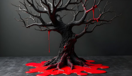 A stark, leafless tree with dark bark, contrasted by vibrant red liquid pooling around its base.の素材