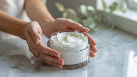 Woman's hands gently hold a clear jar of creamy white skincare product, embodying self care routine.の素材