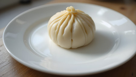 Single steamed bun sits elegantly on a white plate with its soft, smooth surface shining brightlyの素材