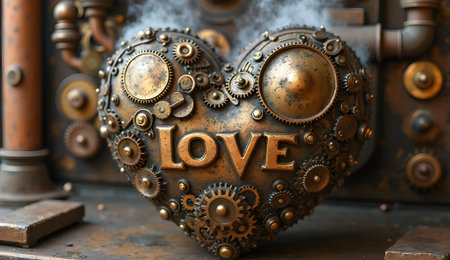 A steampunk heart crafted from gears and metal with the word 'LOVE' embossed in a golden font.の素材