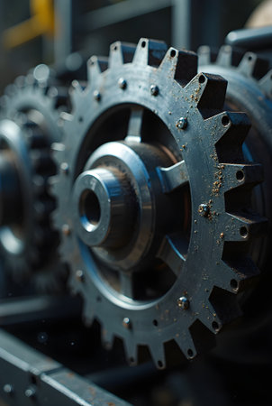 A close-up of weathered, interlocking gears suggesting industrial mechanics and the passage of time.の素材
