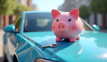 A cute pink piggy bank sits atop a shiny blue car's hood with key, suggesting saving for a new ride.の素材