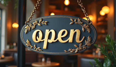 A sign is hanging announcing the establishment is open using gold lettering on a dark background.の素材