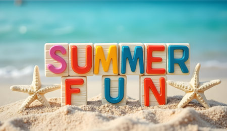 Summer fun is displayed with bright and colorful letter blocks and starfish on a sandy beach scene.の素材