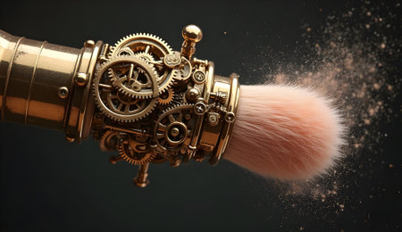 Steampunk inspired makeup brush with intricate golden gears and soft pink bristles, dust suspended.の素材