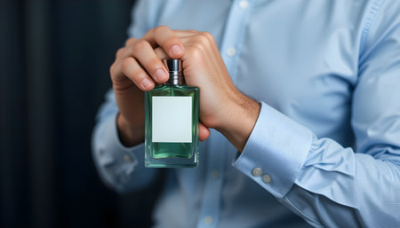 Elegant man presents a rectangular glass bottle with a white label and silver top detailの素材