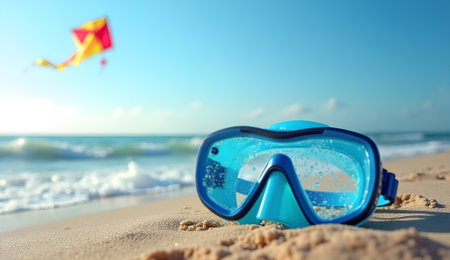 Close-up of blue diving mask resting on sandy beach with kite soaring in blue sky above ocean waves.の素材