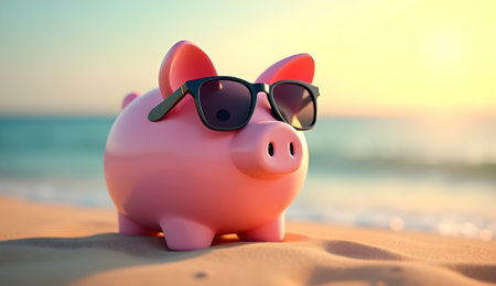 Pink piggy bank wearing sunglasses relaxing on a sandy beach during a warm, golden sunset.の素材