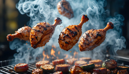 Grilled chicken legs and slices of grilled vegetables float above a smoky barbecue grill.の素材