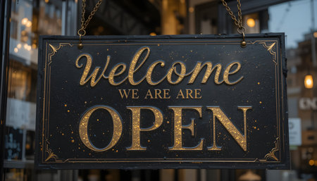 A charming hanging sign warmly welcomes customers, signaling 'Open' in a decorative golden script.の素材