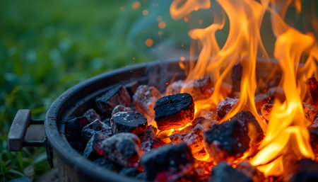 Close up shows blazing flames engulfing charcoal briquettes in a BBQ grill outdoors for cooking.の素材