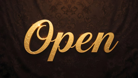 Elegant golden 'Open' lettering glistens against a darkly ornate floral textured background design.の素材