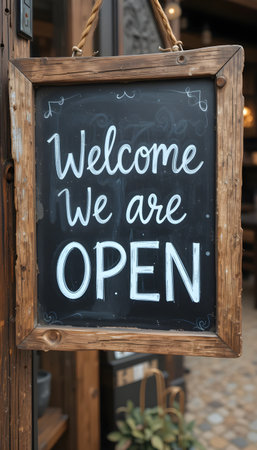 A rustic wooden framed chalkboard sign that reads Welcome We are OPEN in white chalky lettering.の素材
