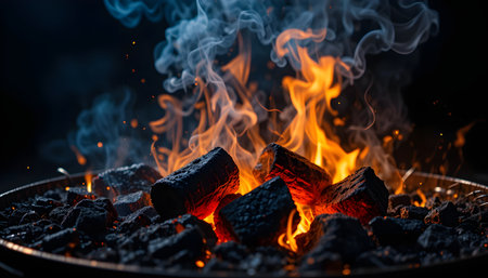 Burning charcoal emits fiery flames and billowing smoke in a dramatic, high-contrast presentation.の素材
