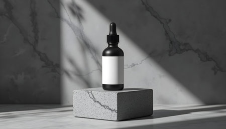 A black dropper bottle sits elevated on a textured block with soft light and shadow interplay.の素材