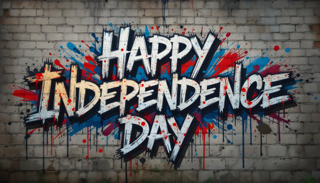 Graffiti art on a brick wall displaying 'Happy Independence Day' in vibrant, bold, painted letters.の素材