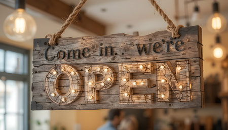 A weathered wooden sign announces 'Come In, We're OPEN' with glowing bulb letters invitingly.の素材